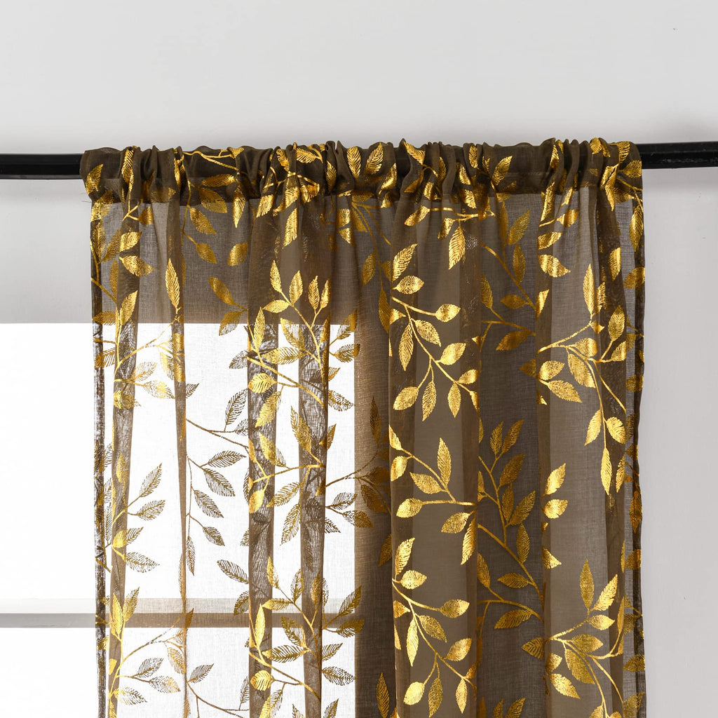 Sheer Curtains 84 Inch Length 2 Panels Set, Luxury Gold Foil Printed Metallic Bronzing Leaves, Privacy Window