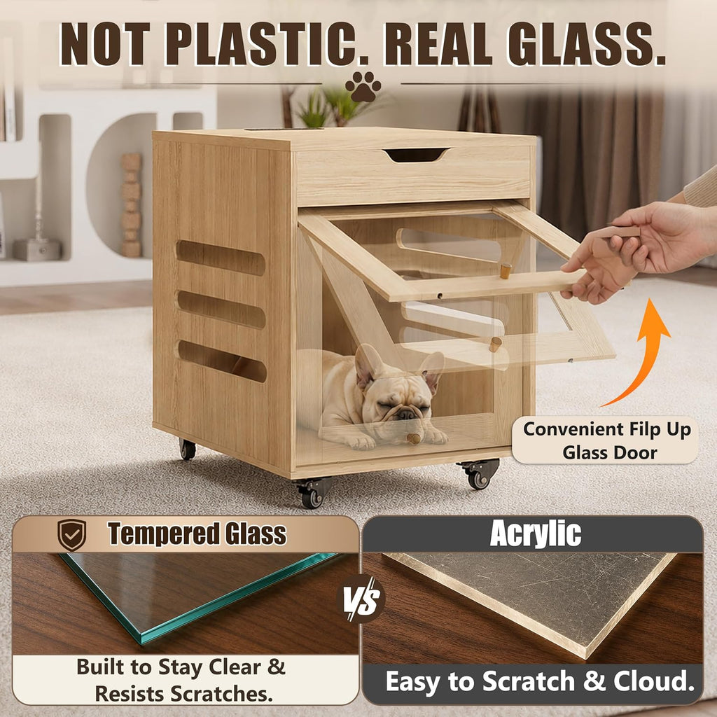 Dog Cage Furniture with Flip-Up Glass Door & Lockable Wheels -Natural Wood