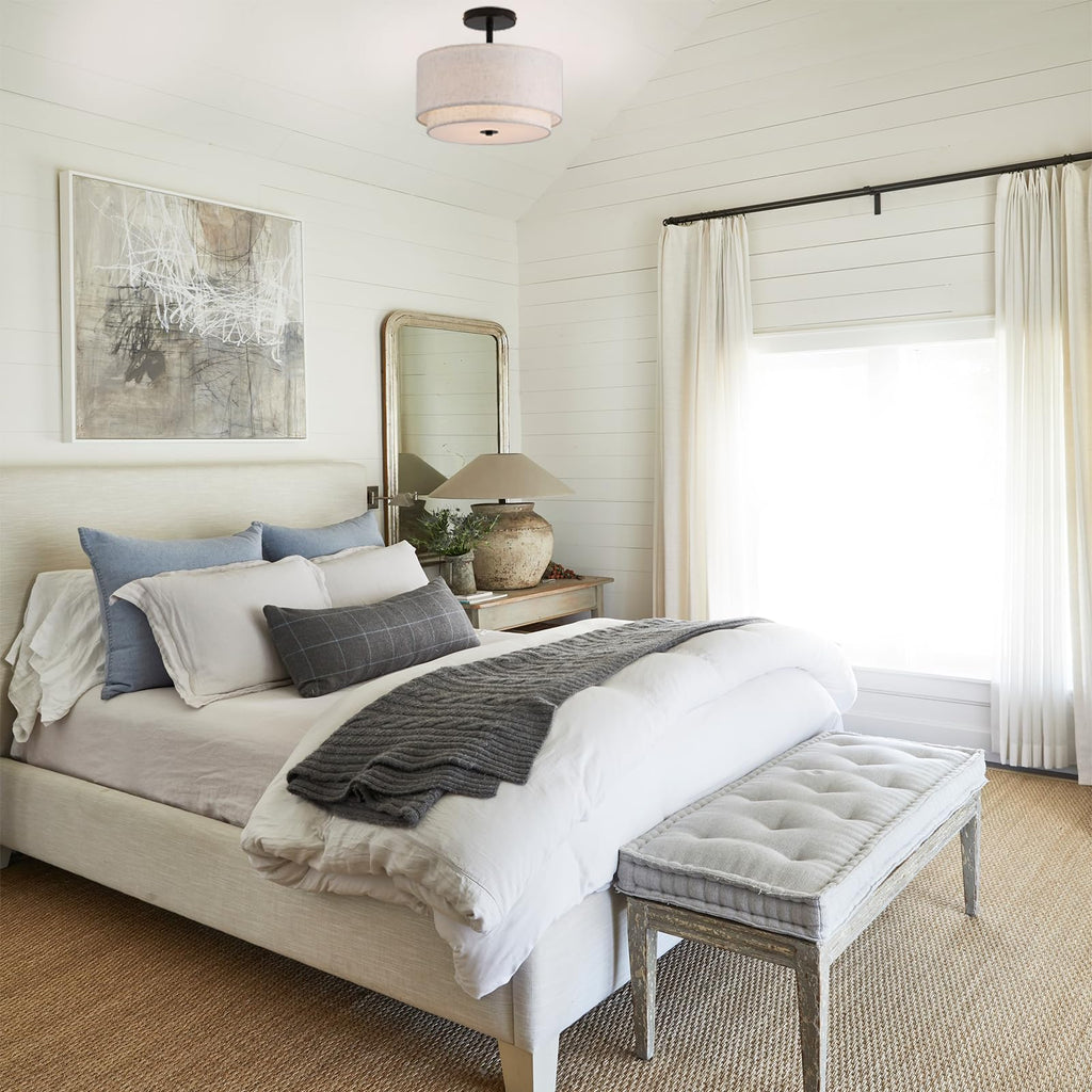 12.6inch Flush Mount Ceiling Light Fixture, 3-Light Modern Close to Ceiling Light with 2-Layer Linen Fabric