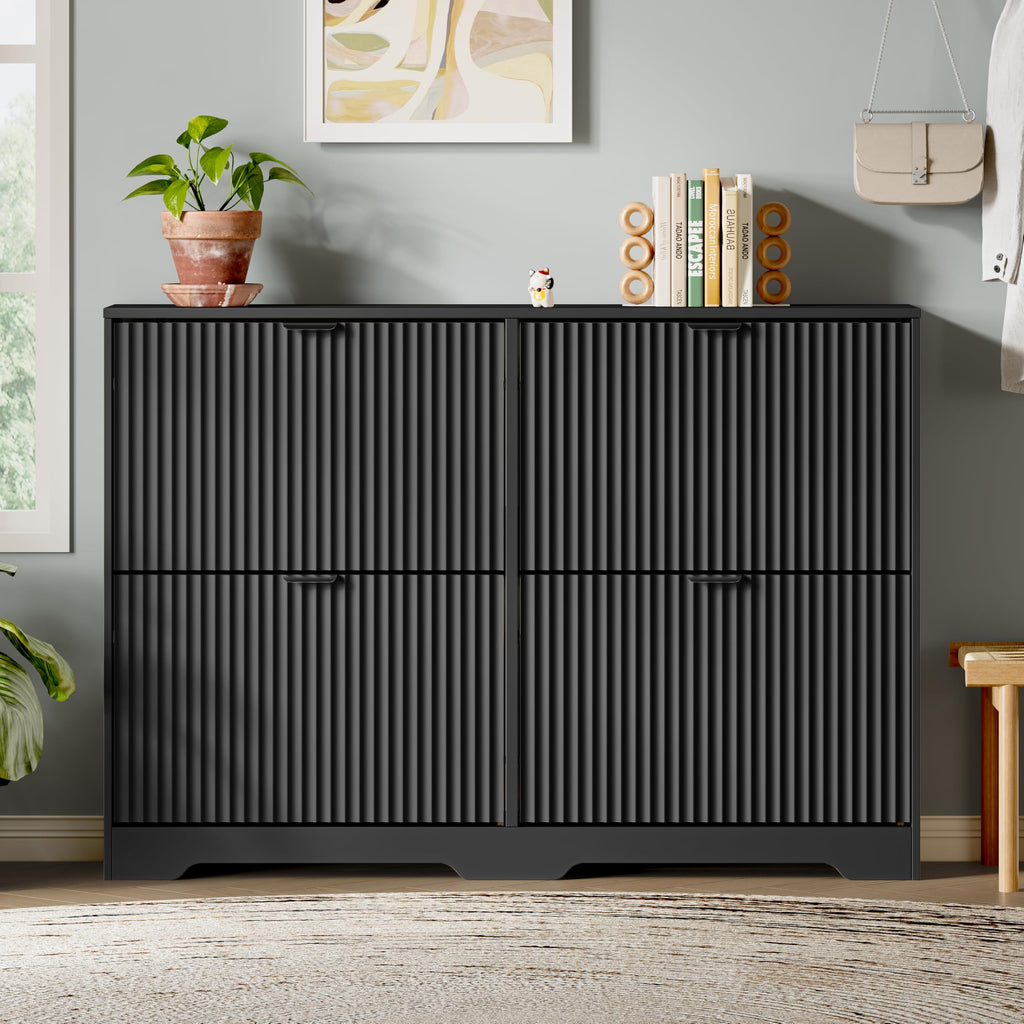 Shoe Storage Cabinet with 4 Flip Drawers, Hidden Slim Wood Shoe Organizer with Modern Fluted Panel, Freestanding