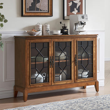 Sideboard Cabinet with 3 Tempered Glass Doors, 48" Solid Wood Buffet Cabinet with Adjustable Shelves, Vintage