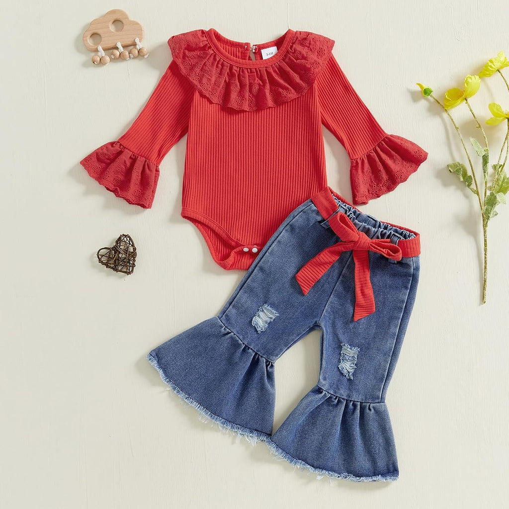 Newborn Baby Girl Outfits Rib Knit Romper Jeans Flare Pants Headband