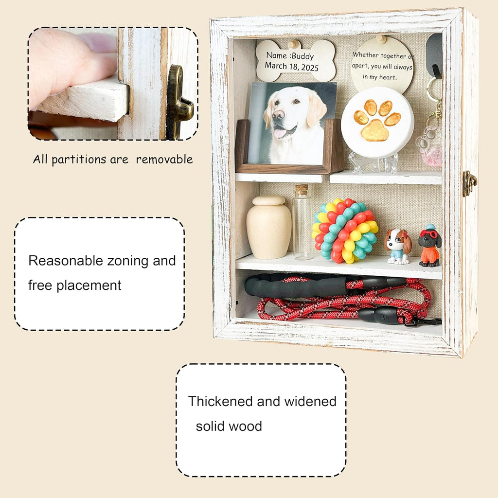 Solid Wood 11x14 Pet Memorial Shadow Box Frame with Adjustable Shelves Paw Print Kit Pet Urn Ashes Display Case White