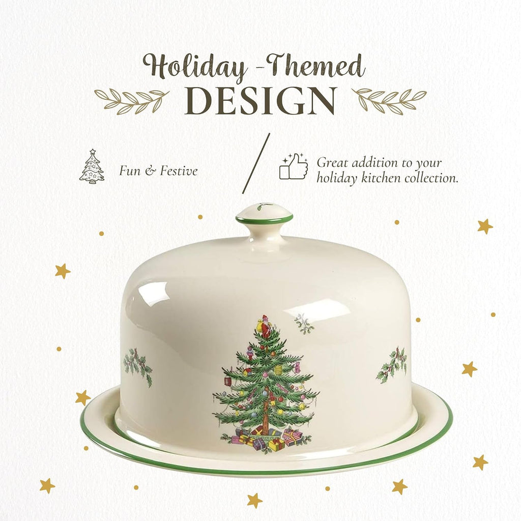 Christmas Tree 2 Piece Serving Platter with Dome Set - Ceramic Holiday Serving Tray for Cakes, Desserts, Side Dishes