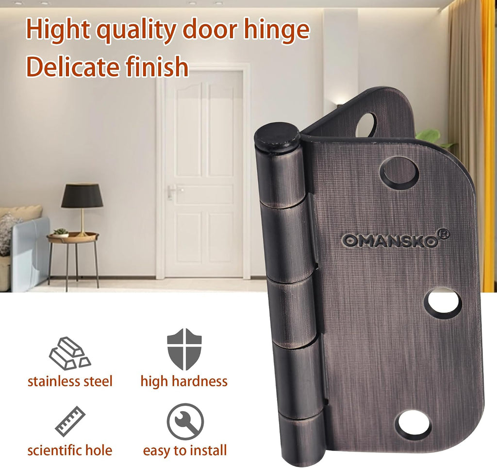 12 Pack Door Hinges, 3.5 x 3.5 Inch Oil Rubbed Bronze Hinges for Wood 5/8'' Radius Corners 3 1/2 Inch Interior Door
