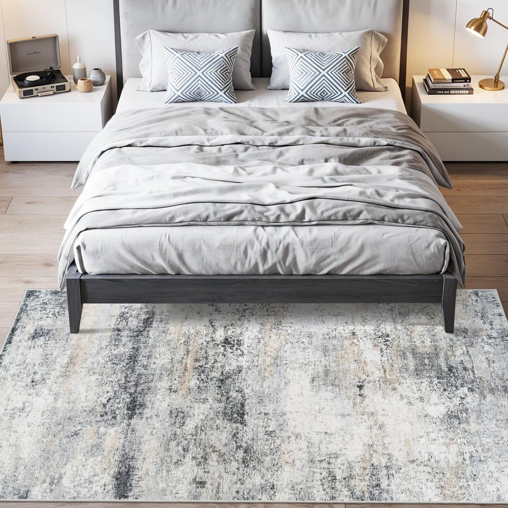 Abstract Washable Indoor Rug 4x7: Non Slip Runners Blue Grey