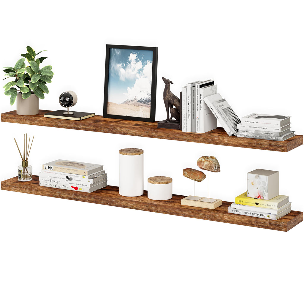 Floating Shelves for Wall, 60" Wood Wall Shelf Set of 2, with Invisible Brackets, 8" Deep, Rustic Brown