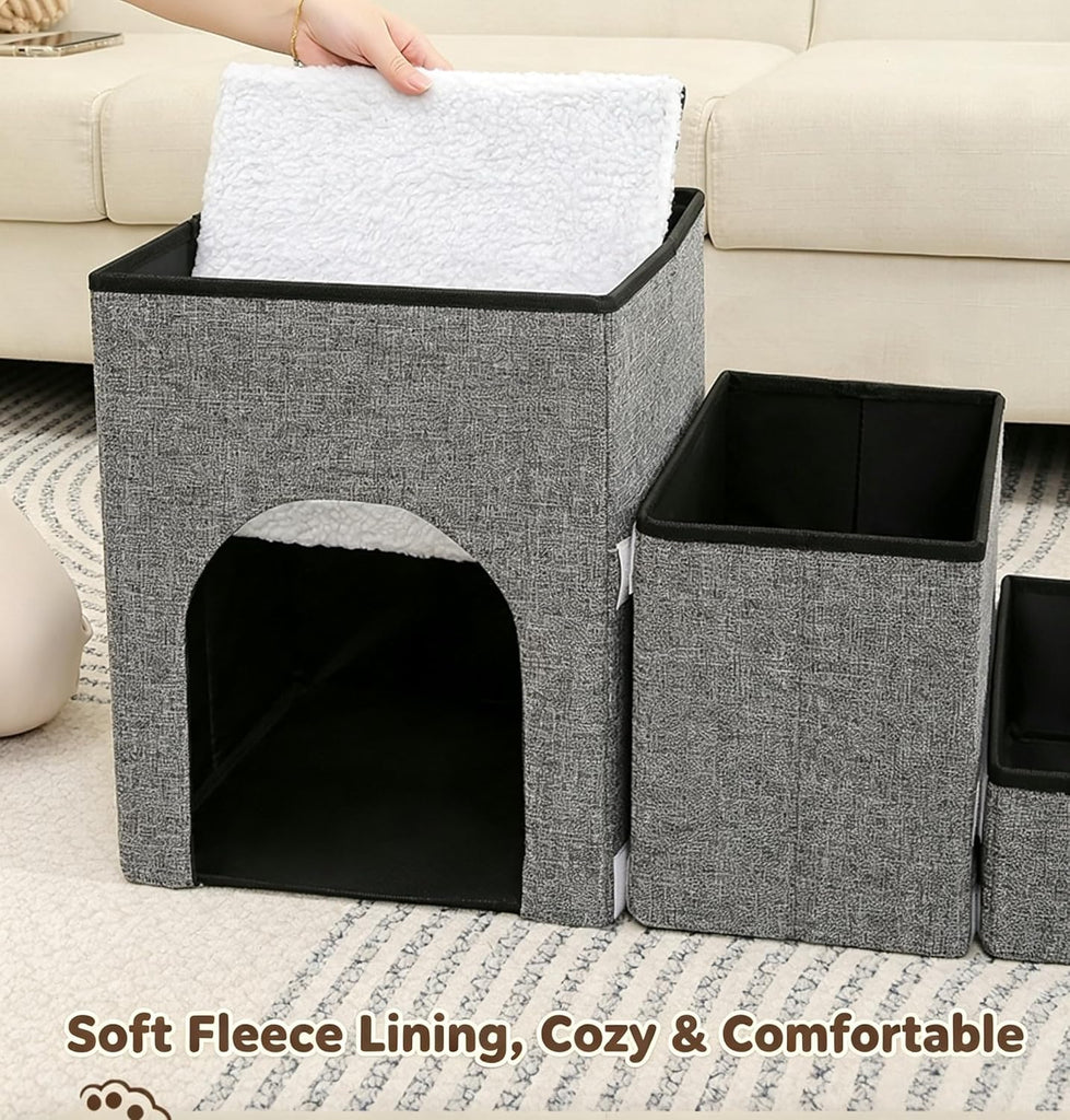 Foldable 3-Step Pet Stairs with Storage & Cat House, Non-Slip Dog Steps Ramp, Sturdy Pet Ladder for Couch, Bed, Ideal