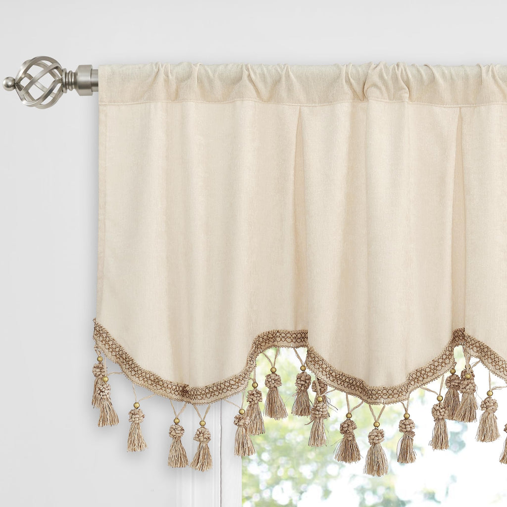 Luxury Velvet Valance with Tassel - Small Window (1 Panel, W52 x L18 Inch, Beige)