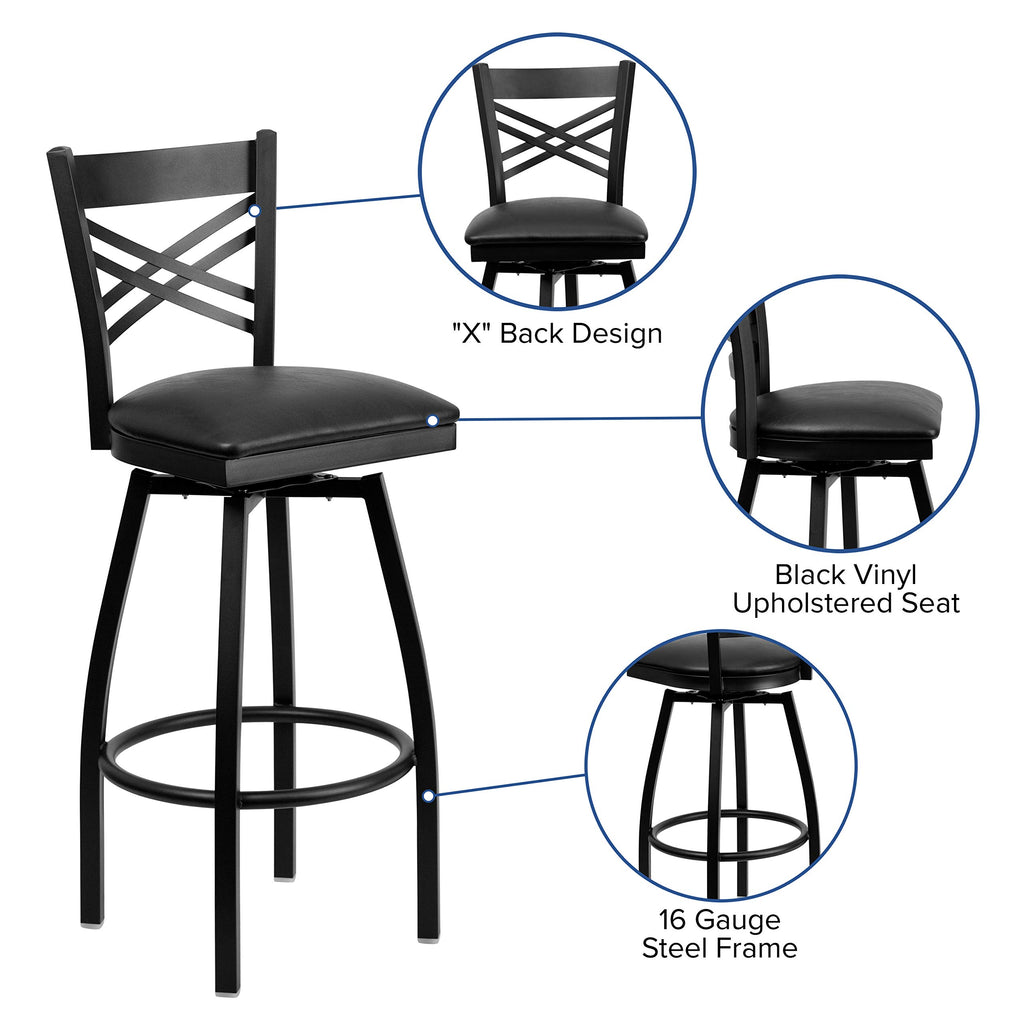 Hercules Series "X" Back Metal Restaurant Barstool, Modern Upholstered Armless Bar Height Chair for Restaurants and