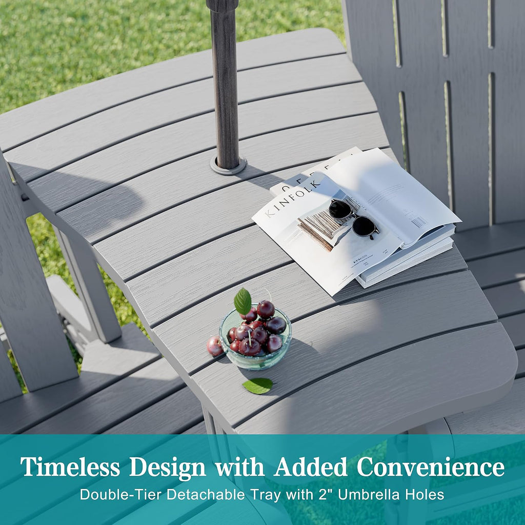 JY QAQA Outdoor Adirondack Chair Set of 2, All-Weather HDPE Patio Furniture with Detachable Table, Wood Texture & Cup