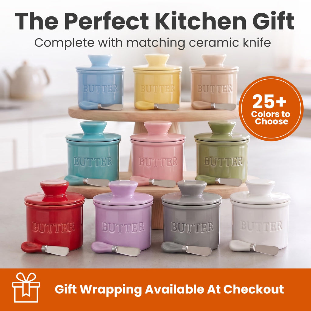 Butter Crock with Lid for Countertop with Spreader Knife and Water Line, Soft Spreadable Butter, Ceramic French