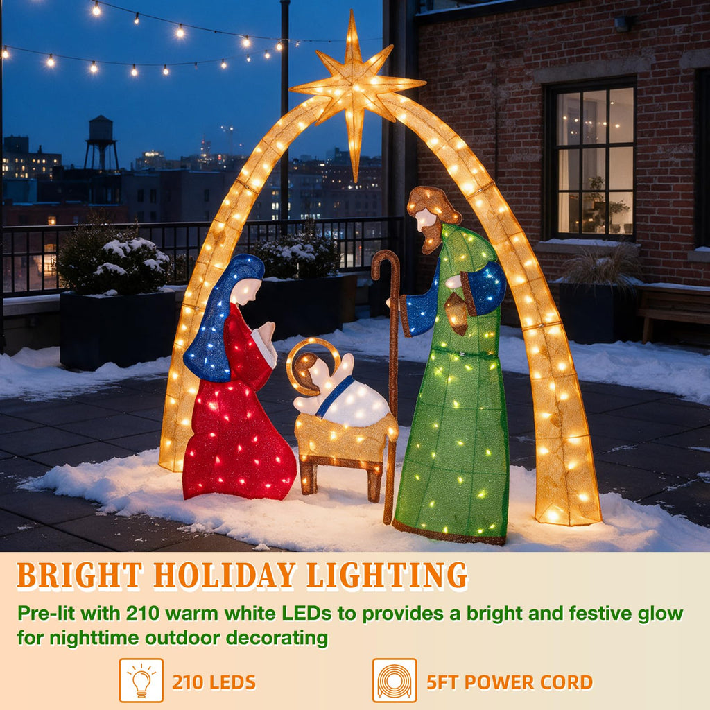 5.5 FT 2.5D Lighted Nativity Scene Outdoor Christmas Decoration, 210 Warm White LEDs Stained Glass Style Fabric