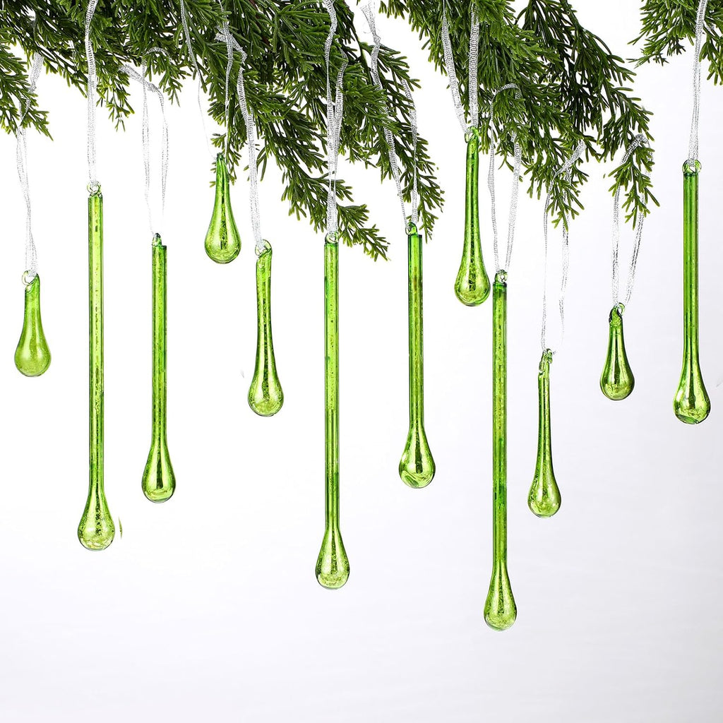 12 Pcs Mercury Glass Teardrop Icicle Christmas Ornaments, Green