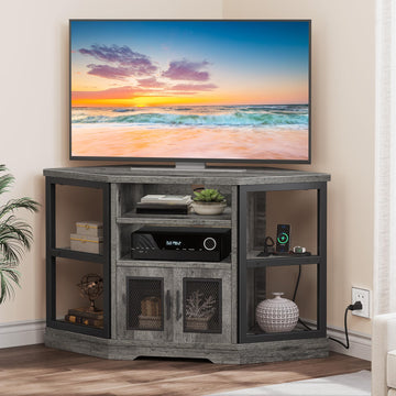 Grey Oak Corner TV Console, Mesh Cabinet, 2 AC + 2 USB