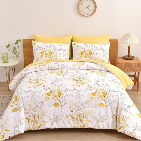 Yellow Botanical Comforter Set Queen, 7 Pieces Floral Bed in a Bag Gloden Leaves Bedding Set Soft Microfiber Queen(1