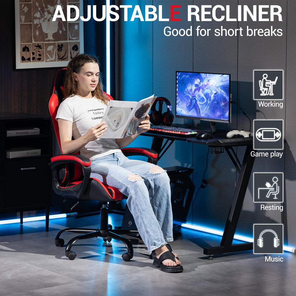 Gaming Chair PU Leather Massage PC Video Game Chair with Lumbar Support for Men Women, Home Office, Height