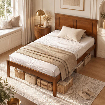 Twin Size Bed Frame with Solid Wood Legs and Wooden Slats