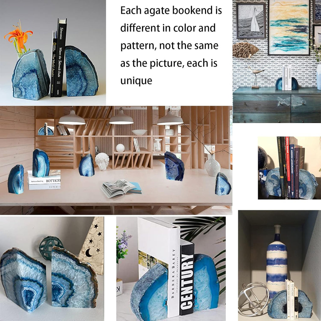 Heavy Blue Agate Geode Bookends Anti-Slip Rubber Pads Decor 6-8 lbs | 1Pair dyed blue crystal bookends Large heavy