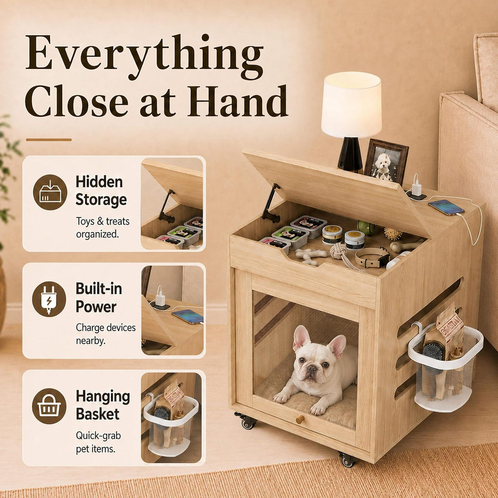 Dog Cage Furniture with Flip-Up Glass Door & Lockable Wheels -Natural Wood
