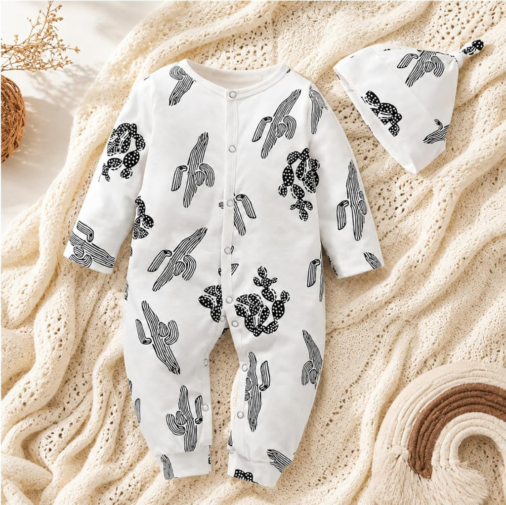 Newborn Baby Bodysuit Piece Set | Cactus Print Romper & Hat Outfit | Cotton Soft Unisex Jumpsuit (0-18 Months)
