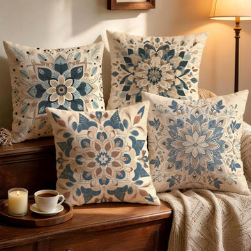Boho Blue Floral Mandala Throw Pillow Covers 18x18 Inches Set of 4
