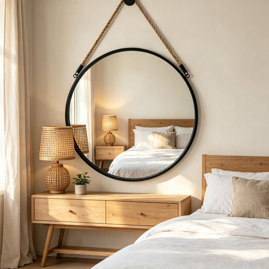 30" Large Round Hanging Mirror, Circle Wall Mirror with Jute Rope