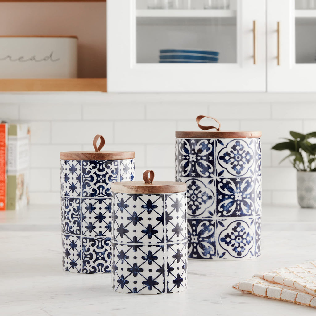 Ceramic Kitchen Canister Set w/Lids Medallions, Blue, 3PC