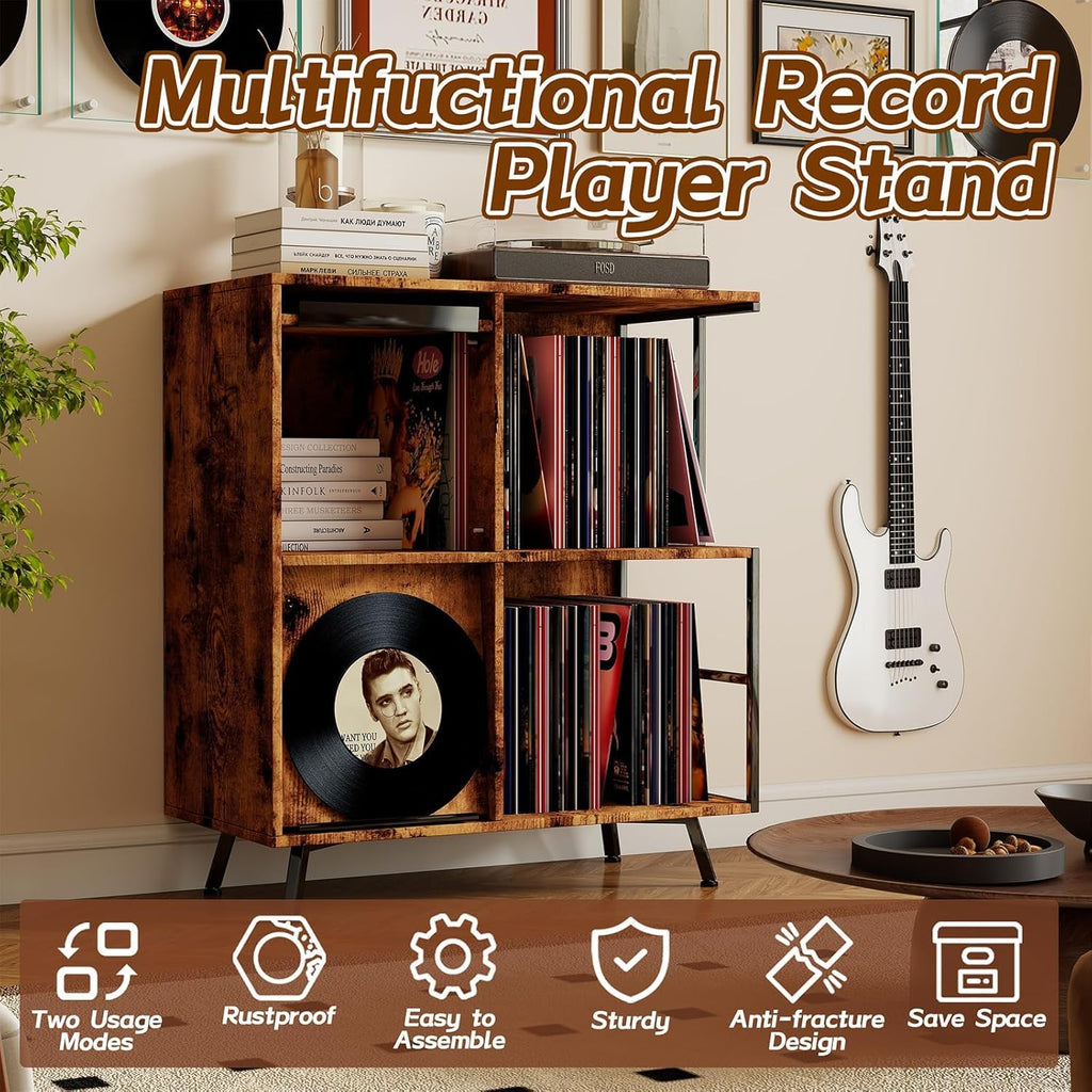 3 Tier Record Player Stand with Flip-Down Record Shelf, Rustic Brown
