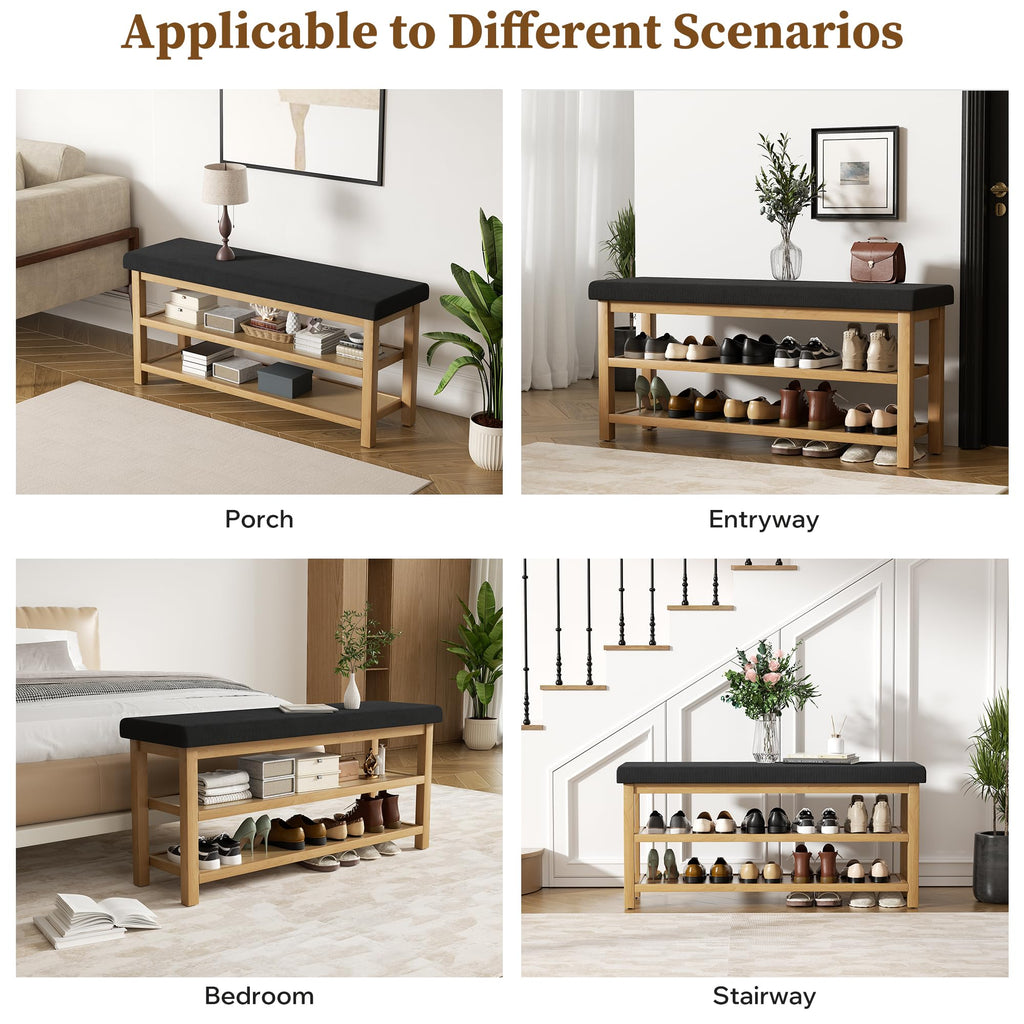 2 Tier Shoe Rack Bench with Cushion, Rubberwood Shoe Benches, Mid-Century Modern Shoe Storage Bench, Closet, Front