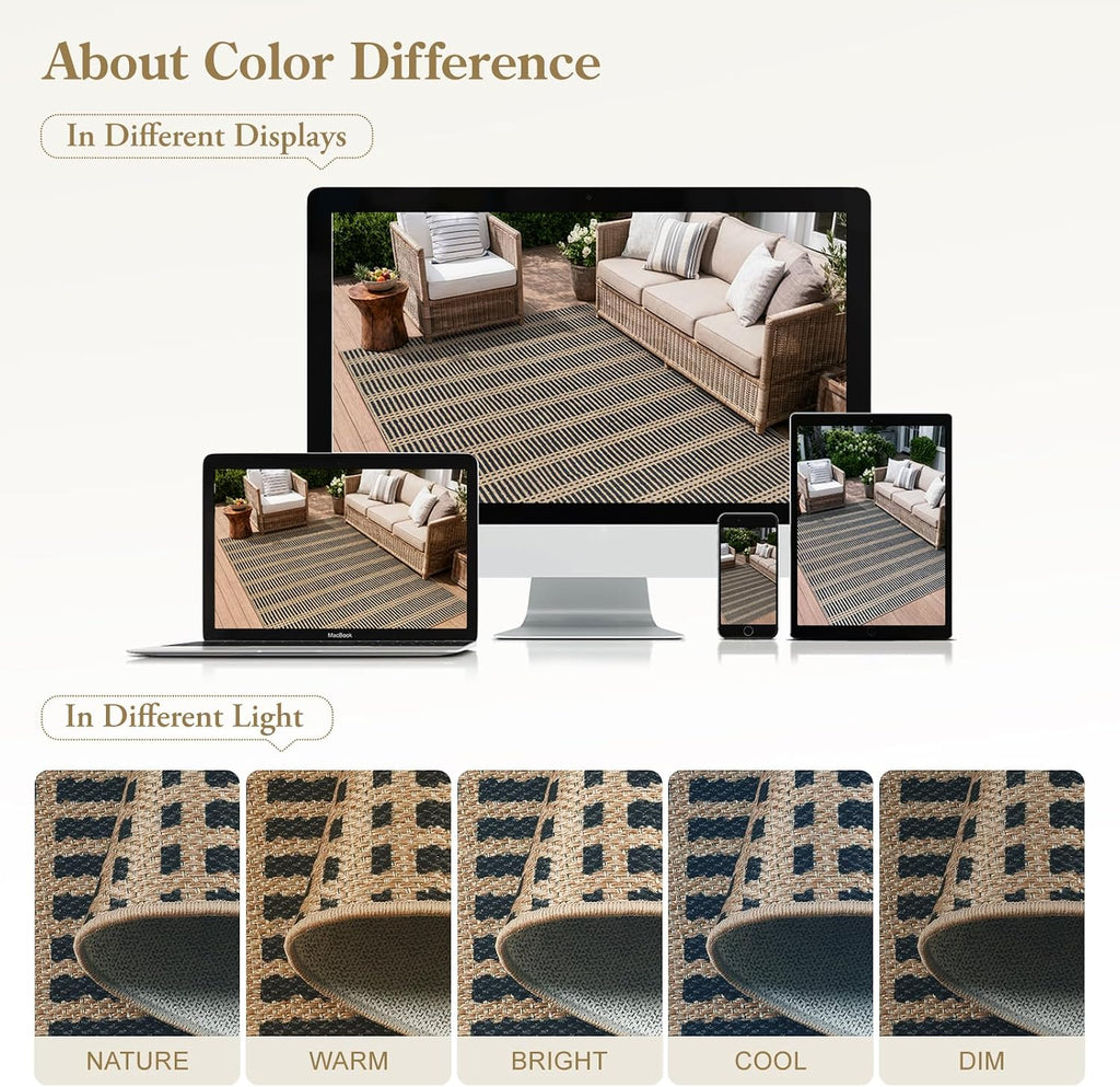 Striped Easy Jute Outdoor Rug, Black Washable Rugs Living Room, Indoor Outdoor Non Slip Area Rug, Farmhouse