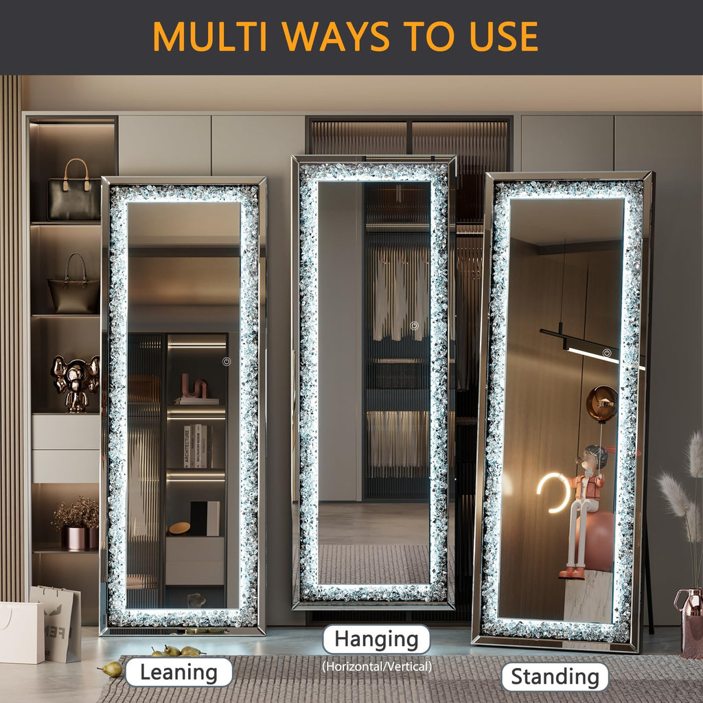 69"×26" Full-Length Mirror with Lights - Crystal Crush Diamond Wall Mounted Hanging Diamond Mirror Leaning Bedroom