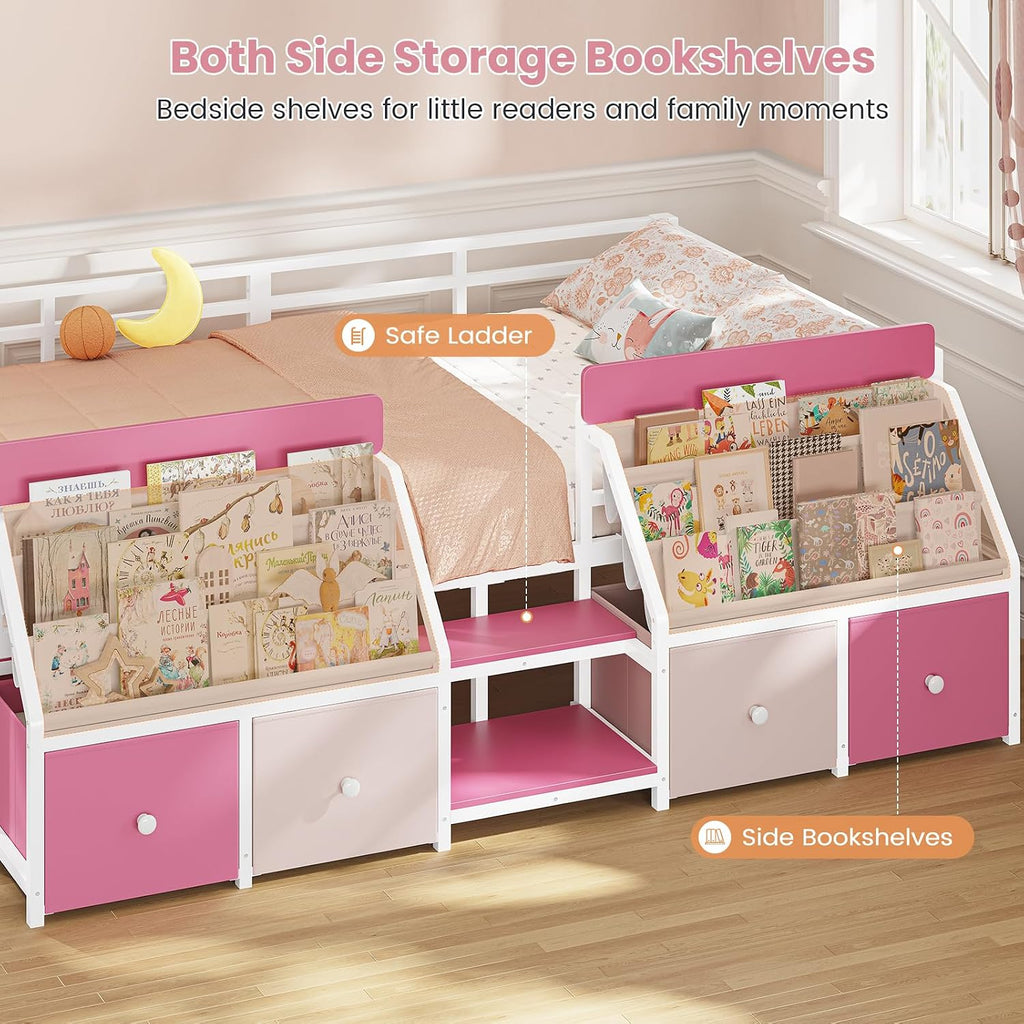 Montessori Kids Floor Bed with Guardrails & 6 Storage Drawers, Pink