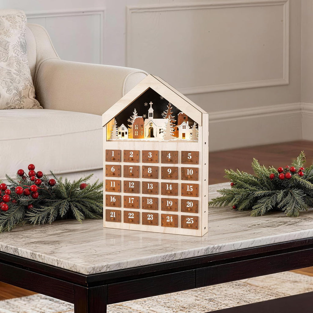 15.75"H Christmas Lighted Wooden Village Advent Calendar,Christmas Countdown Calendar with Drawers,Winter Village