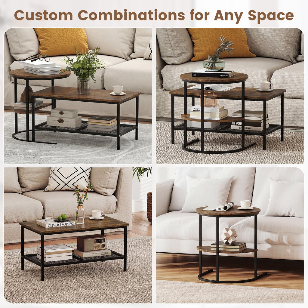 Nesting Coffee Set of 2, Detachable Rectangular & Round Set w/Wood Grain, Sturdy Golden Metal Frame, Modern Stacking