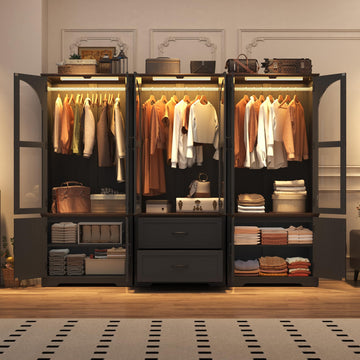 Tall Farmhouse 6 Doors Armoire Wardrobe Closet with LED, 72" Freestanding Arched Wardrobe Closet Cabinet w Glass