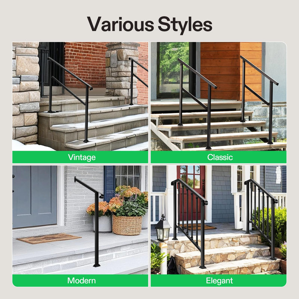 4-Step Stair Handrail 54"x36" Wrought Iron with Curved Ends Black