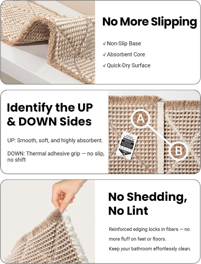 Waffle Bath Mat Set, Non Slip Bathroom Rugs 2 Piece, Brown & White | Ultra Absorbent Long Bath Rug Runner Boho Chic