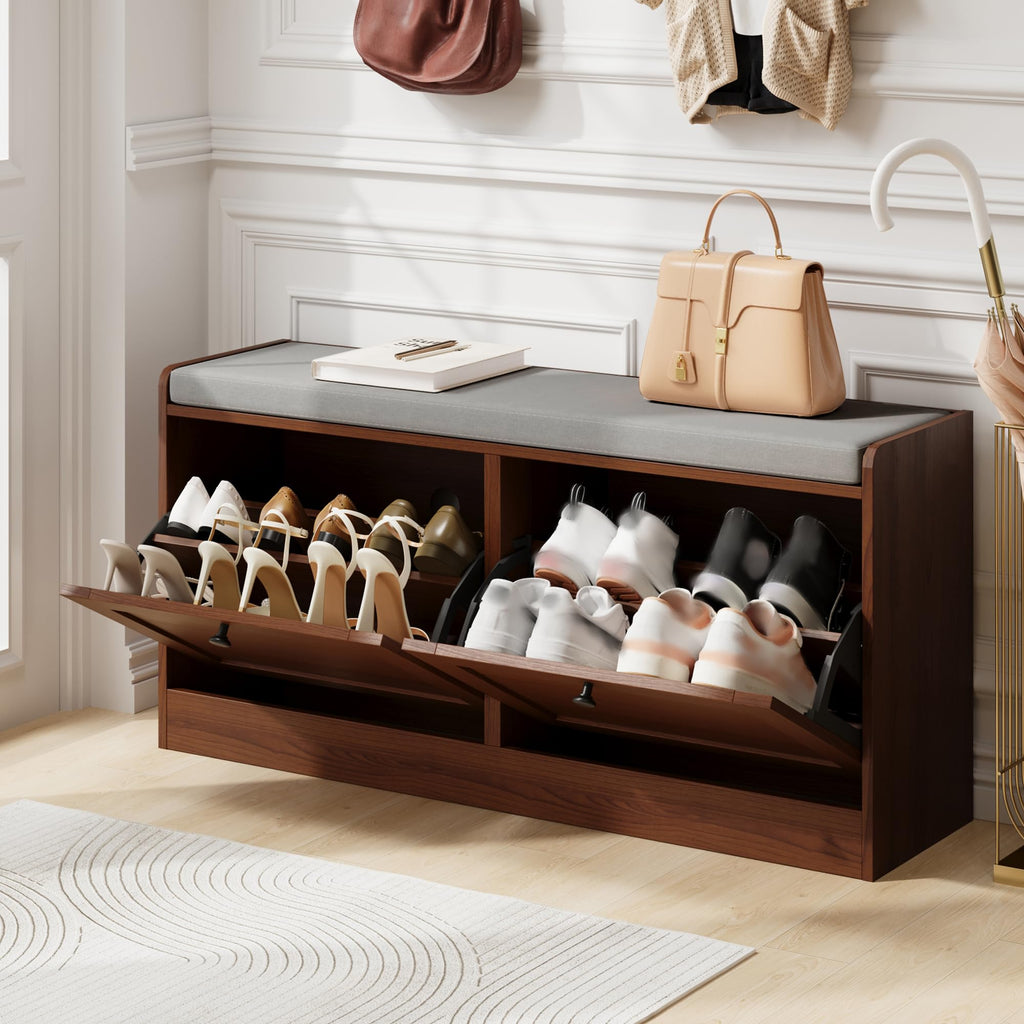 Brown Modern Entryway Bench with 2 Flip Drawers, Entryway Shoe Bench with Padded Seat Cushion, Wooden Storage Bench
