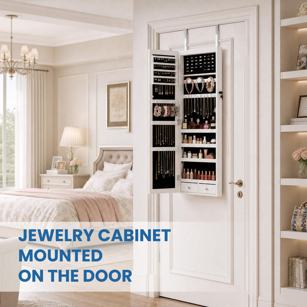 47.2" Tall Mirror Jewelry Cabinet, 6 Led Light Jewelry Armoire Organizer, Wall or Door Mounted Lockable Storage