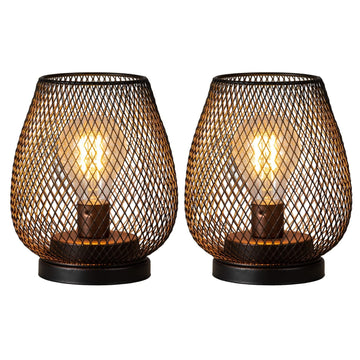 Set of 2 Battery Operated Lamp LED Table Lantern, Brown Metal Cage Cordless Lamps with LED Bulb, Vintage Decorative