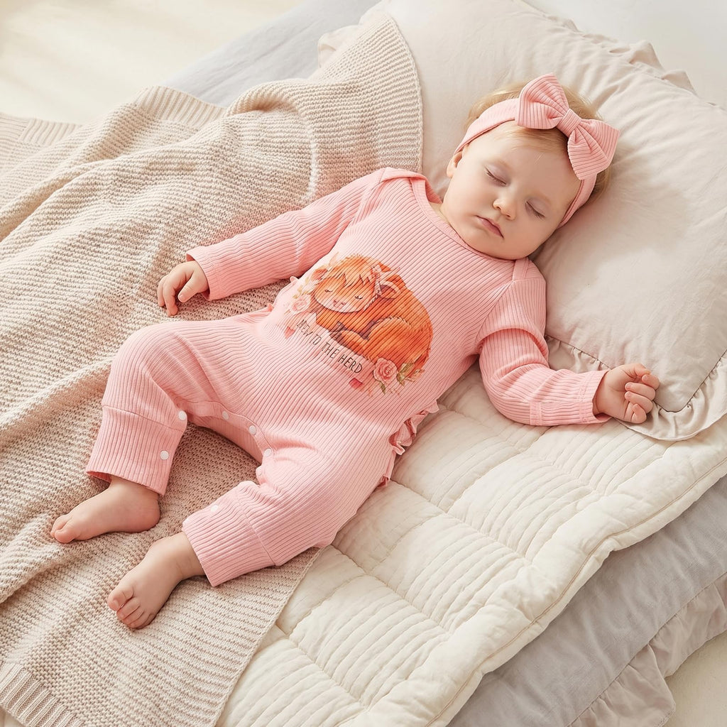 Newborn Baby Girl Clothes Western Cowgirl Jumpsuit Ribbed Knit Romper One Piece Coming Home From Hospital Outfit (B