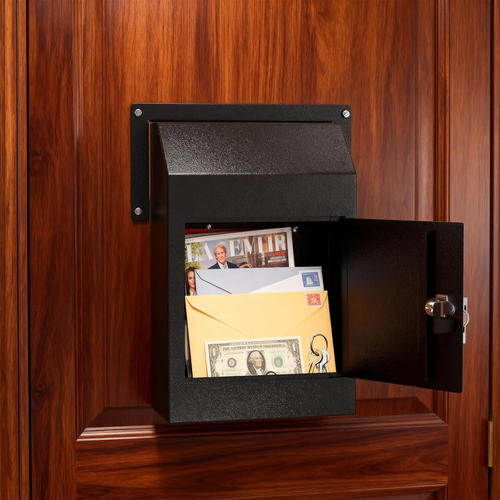 Door Drop Box for Mail, Rent, Deposit, and Night Key - Through The Door Locking Steel Mailbox with Rear Access (Black)