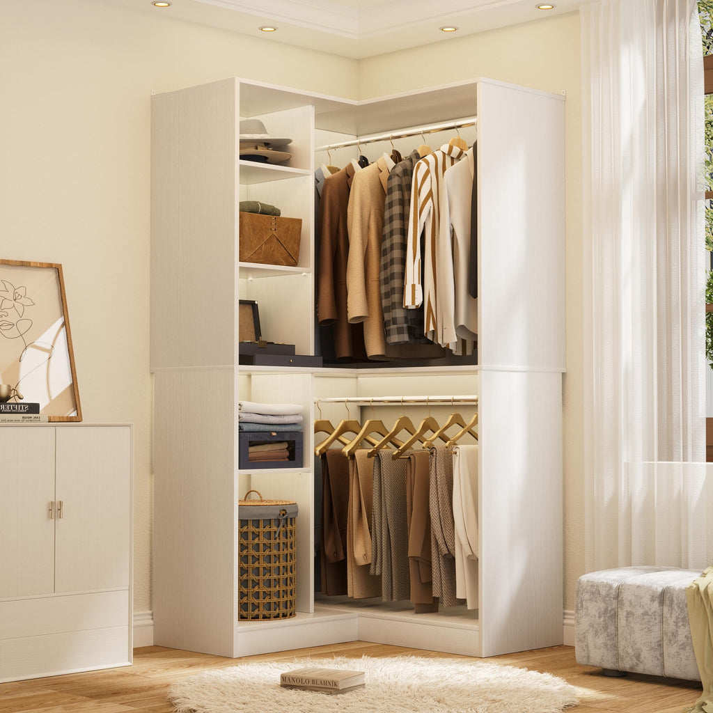Corner Closet System with Shelves, 36'' Closet Organizer System with 2 Hanging Rods, Freestanding Walk-in L Shaped