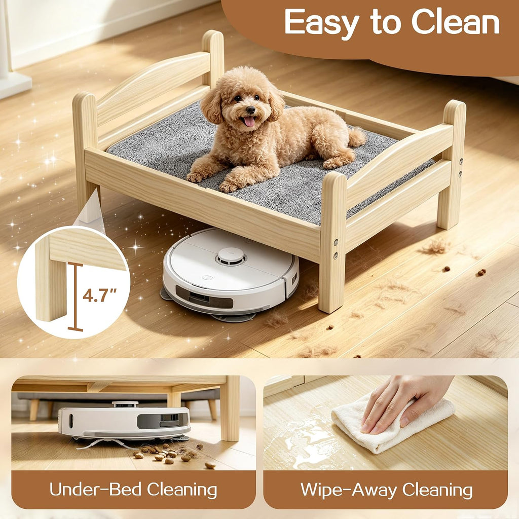 Elevated Dog Bed with Mat for Small Dogs, Solid Wood, Spine-Friendly Design