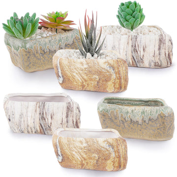 6 Pcs 5.3 Inch Ceramic Succulent Pots Stone Shape Bulk Rectangle Window Box Cactus Plant with Drainage Hole Succulent