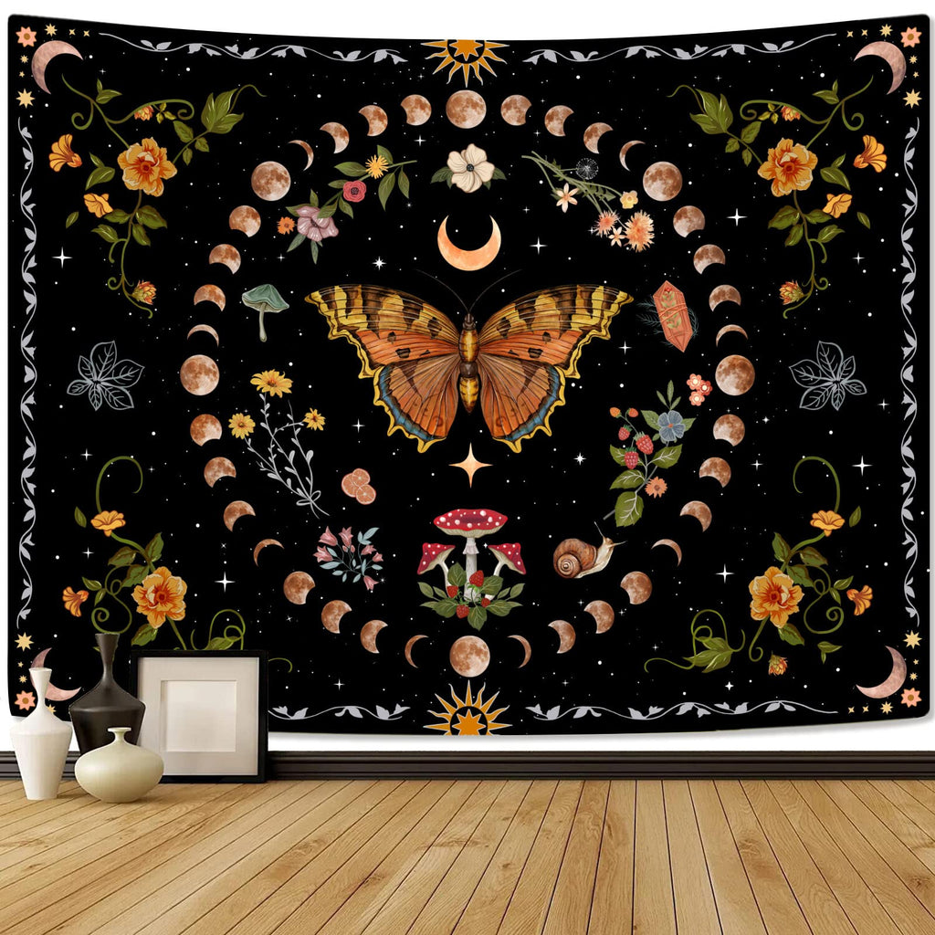Orange Butterfly Moon Flower Tapestry Botanical Floral Plant Boho Tapestry Aesthetic Vintage Tapestries Wall Hanging