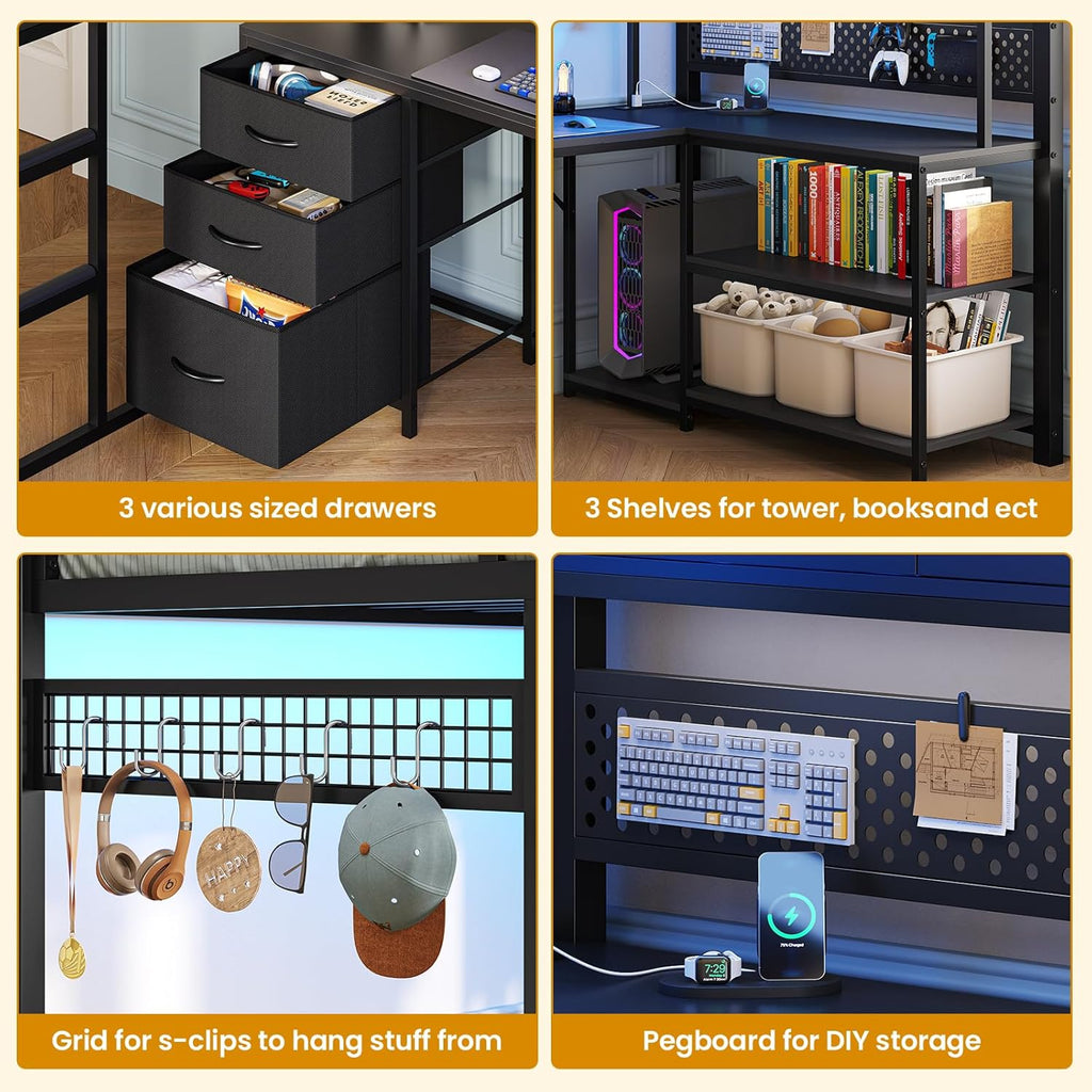 Twin Loft Bed with L-Shaped Gaming Desk, Storage Drawers & Hutch, Expanded Safety Power Outlet
