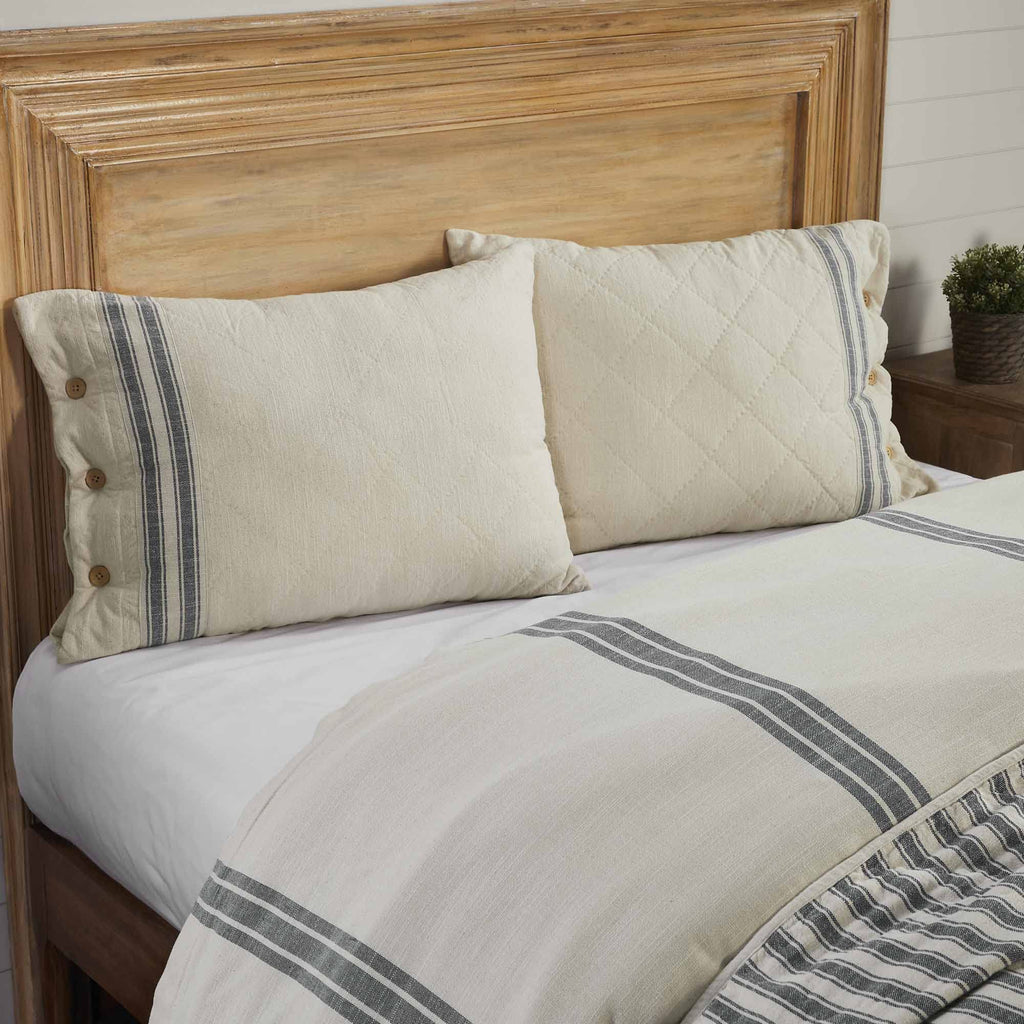 Market Place Gray Quilted King Pillow Sham, 21" L x 37" W, Cream w/Grain Sack Stripe & Button Details ...