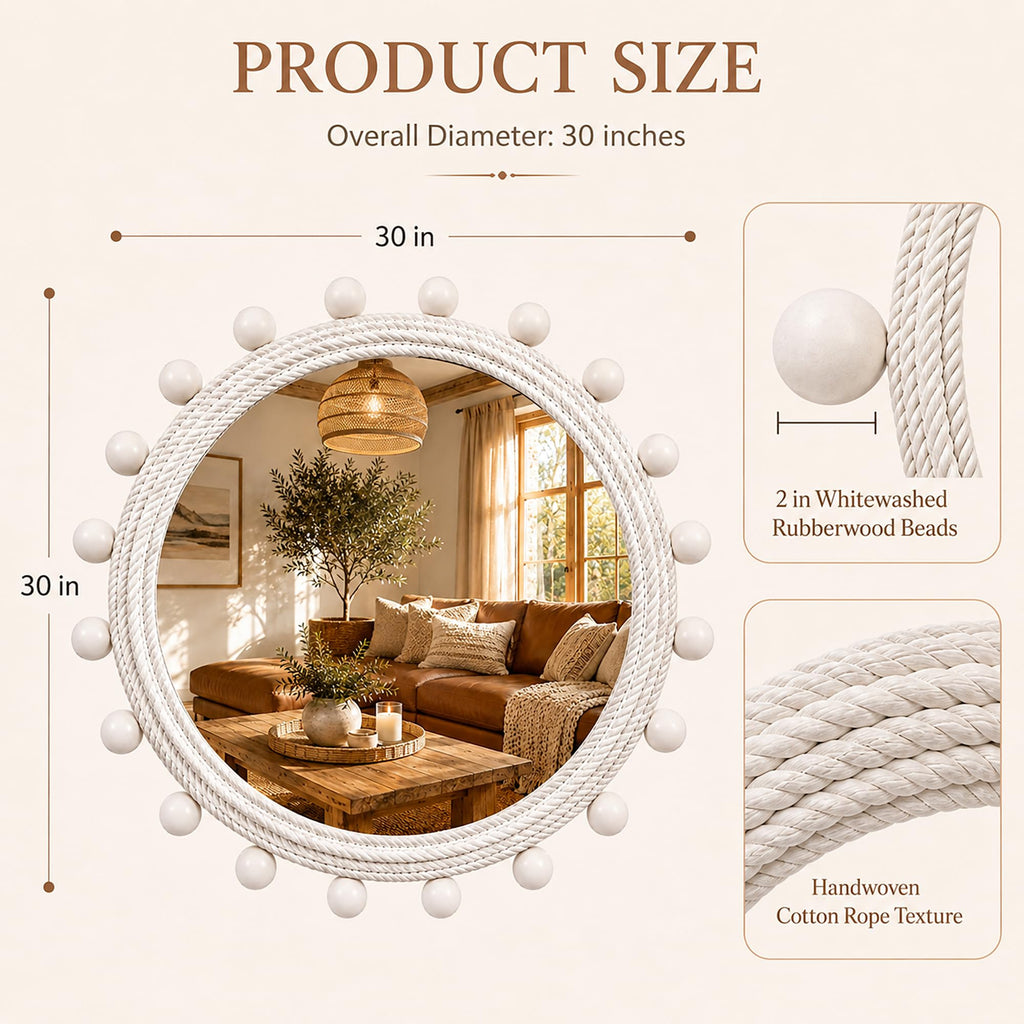 30" Round Rope Wall Mirror with 2 in Whitewashed Wood Beads
